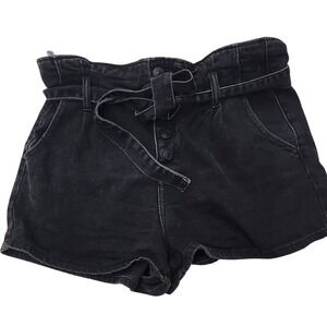 Paper‎ Bag Waist AE Size 8 Shorts Black High Rise Button Front Tie Belt Casual
